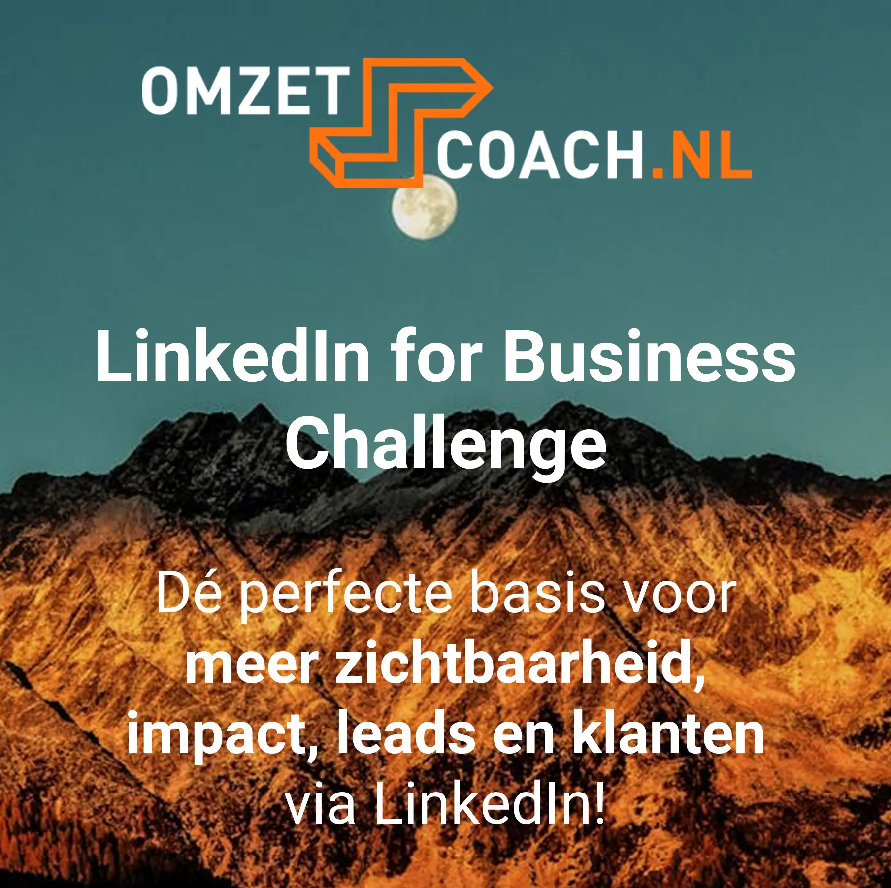 Afbeelding met logo Omzetcoach.nl en tekst LinkedIn for Business Challenge en met gebergte op de achtergrond
